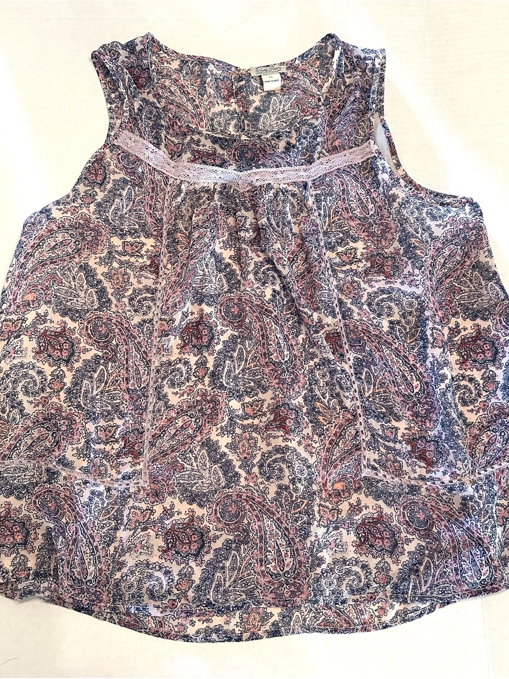 Lucky Brand Paisley Crocheted Lace-Trim Tank Top - Pink & Blue